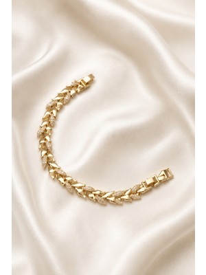 Balenbi Jewelry Kadın Taşlı Yaprak Dal Tasarımlı Kararmaz Çelik Bileklik 14K Gold 1149