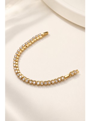 Balenbi Jewelry Kadın Yuvarlak Taşlı Tenis Model Kararmaz Çelik Bileklik 14K Gold Renk 1138