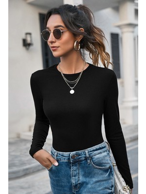 EkoAlışverişDünyam Kadın Siyah Uzun Kollu Fit Basic Crop Top Bluz