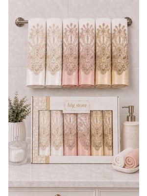 Hig Store Fransız Güpürlü Nakışlı Hediyelik Çeyizlik Gelin Damat Bohçası Kutulu %100 Pamuk Banyo Havlusu Havlu Seti 50X90 Ebat 6 Adet