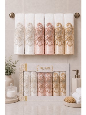 Hig Store Fransız Güpürlü Nakışlı Hediyelik Çeyizlik Gelin Damat Bohçası Kutulu %100 Pamuk Banyo Havlusu Havlu Seti 50X90 Ebat 6 Adet