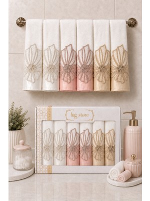 Hig Store Fransız Güpürlü Nakışlı Hediyelik Çeyizlik Gelin Damat Bohçası Kutulu %100 Pamuk Banyo Havlusu Havlu Seti 50X90 Ebat 6 Adet