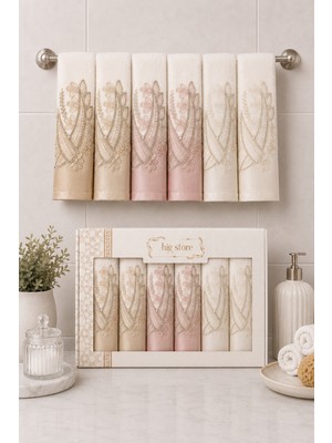 Hig Store Fransız Güpürlü Nakışlı Hediyelik Çeyizlik Gelin Damat Bohçası Kutulu %100 Pamuk Banyo Havlusu Havlu Seti 50X90 Ebat 6 Adet
