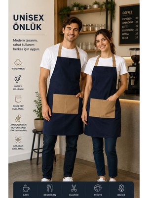 GTB Butik Gtb Premium Unisex Ayarlanabilir Askılı Gabardin Mutfak ve Barista Önlüğü – Lacivert/vizon