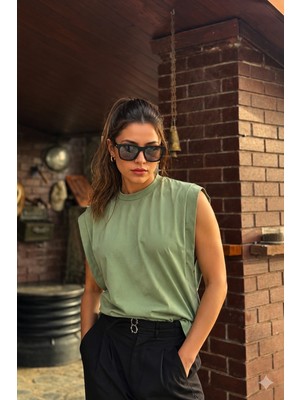 Guaraz Kadın Sıfır Kol Bisiklet Yaka %100 Pamuk Oversıze Kolsuz Kejıl T-Shirt
