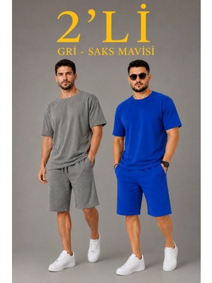 Marsilyan Erkek 2’li Oversize Tişört Şort Takım Seti Yazlık Iki Iplik Kumaş - Gri, Saks Mavisi