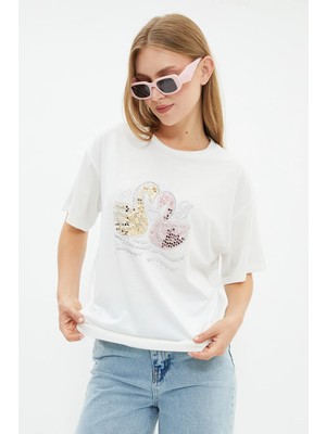 FullaModa Taşlı Pullu Flamingo Baskılı Tişört