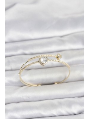Clariss Gürbelle Özel_pirinç Gold Renk Kalp Model Zirkon Taşlı Kadın Bileklik