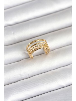 Clariss Gürbelle ÖZEL_316L Çelik Gold Renk Zincirli Vintage Model Kadın Yüzük