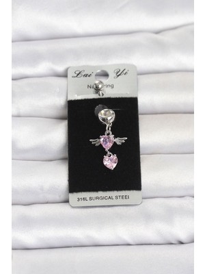 Clariss Gürbelle ÖZEL_316L Cerrahi Çelik Pembe Zirkon Taşlı Kanat Model Göbek Piercing