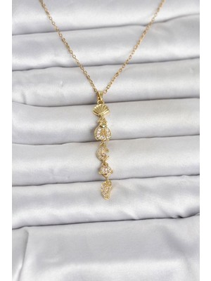 Clariss Gürbelle ÖZEL_316L Çelik Gold Renk Deniz Temalı Y Model Zirkon Taşlı Kadın Kolye