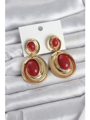 Clariss Gürbelle Özel_kırmızı Sallantılı Damla Model Gold Renk Vintage Kadın Küpe