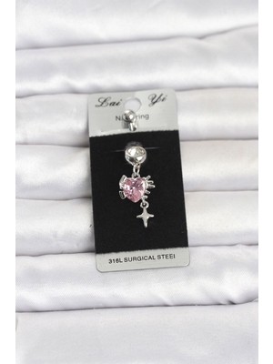 Clariss Gürbelle ÖZEL_316L Cerrahi Çelik Pembe Zirkon Taşlı Model Göbek Piercing