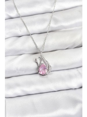 Clariss Gürbelle ÖZEL_316L Çelik Zincir Gümüş Renk Pembe Kuğu Model Zirkon Taşlı Kadın Kolye