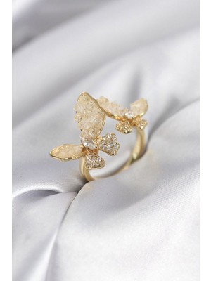 Clariss Gürbelle Özel_gold Renk Beyaz Kelebek Model Zirkon Taşlı Kadın Yüzük