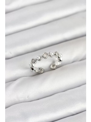 Uravas Store Pirinç Gümüş Renk Zirkon Taşlı Incili Kadın Yüzük - TJ-BYK3877