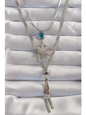 Uravas Store 316L Çelik Gümüş Renk Zirkon Taşlı Göz Detay Nazarlı Uzun Asansör Model Kolye - TJ-BKO8961