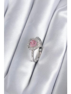 Uravas Store Pirinç Gümüş Renk Pembe Zirkon Taş Kalp Charm Model Kadın Yüzük - TJ-BYK2859