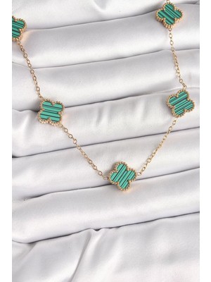 Uravas Store 316L Çelik Gold Renk Zincir Yeşil Yonca Model Kadın Kolye - TJ-BKO9925