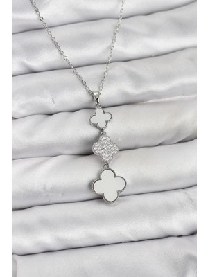 Uravas Store 316L Çelik Zincir Gümüş Renk Yonca Detaylı Zirkon Taşlı Kadın Kolye - TJ-BKO10828