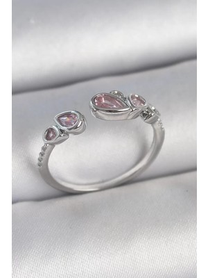 Uravas Store Pirinç Gümüş Renk Pembe Damla Zirkon Taşlı Ayarlanabilir Model Kadın Yüzük - TJ-BYK3734
