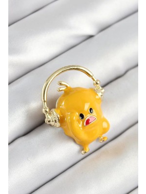 Uravas Store 3D Kulaklıklı Sarı Civciv Figürlü Gold Renk Kadın Broş - TJ-BR446