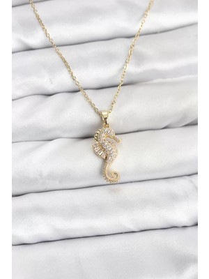 Uravas Store 316L Çelik Zincir Gold Renk Deniz Atı Model Zirkon Taşlı Kadın Kolye - TJ-BKO10895