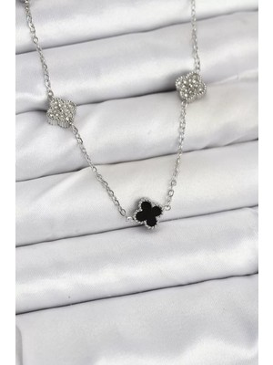 Uravas Store 316L Çelik Zincir Gümüş Renk Siyah ve Zirkon Taşlı Baby Boy Yonca Kadın Kolye - TJ-BKO10591