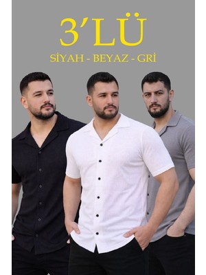 Mbb E-Ticaret Erkek Waffle Kumaş Yazlık Yakalı Kısa Kol Düğmeli Gömlek 3’lü Set Siyah-Beyaz-Gri