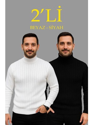 Mbb E-Ticaret Erkek Fitilli Kazak Tam Boğazlı Balıkçı Yaka Triko 2'li Set Beyaz-Siyah