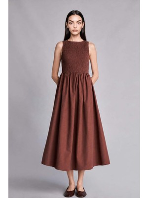 DeFacto Bisiklet Yaka Terry Cotton Kolsuz Kahverengi Midi Elbise H8429AX26SM