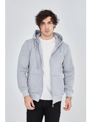 Mbb E-Ticaret Erkek 3 Iplik Pamuklu Fermuarlı Kapüşonlu Kanguru Cepli Hoodie Hırka Sweatshirt - Gri