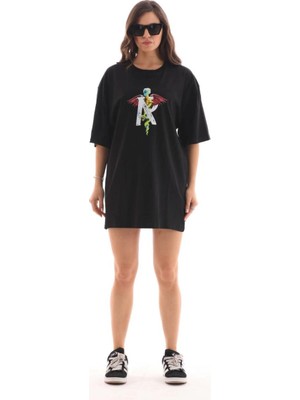 Mbb E-Ticaret Kadın Baskılı T-Shirt Kısa Kol Bisiklet Yaka Regular Fit Rahat Kalıp Günlük Tişört -Siyah