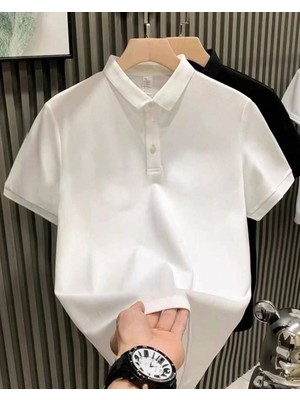 Mbb E-Ticaret Erkek Polo Yaka Tişört Düğmeli Pike Düz T-Shirt - Beyaz