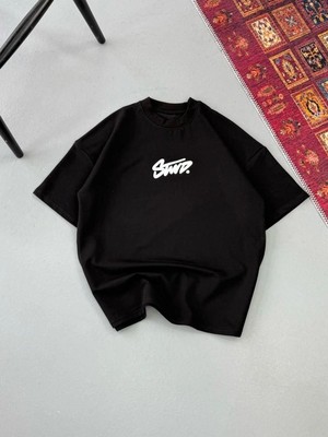 Mbb E-Ticaret Erkek Kısa Kol Yazlık Tişört Bisiklet Yaka Baskılı Oversize T-Shirt - Siyah