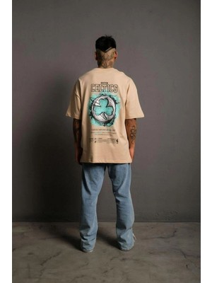 Mbb E-Ticaret Erkek Kısa Kol Yazlık Tişört Bisiklet Yaka Baskılı Oversize T-Shirt - Bej