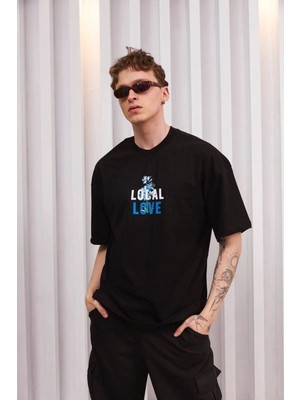 Mbb E-Ticaret Erkek Bisiklet Yaka Baskılı Oversize Kısa Kol T-Shirt - Siyah