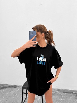 Mbb E-Ticaret Kadın Tişort Bisiklet Yaka Baskılı Kısa Kol Oversize T-Shirt - Siyah