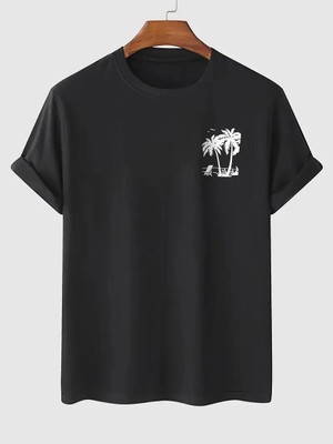 Mbb E-Ticaret Erkek Tişört Palmiye Baskılı Bisiklet Yaka Kısa Kol Yazlık T-Shirt - Siyah