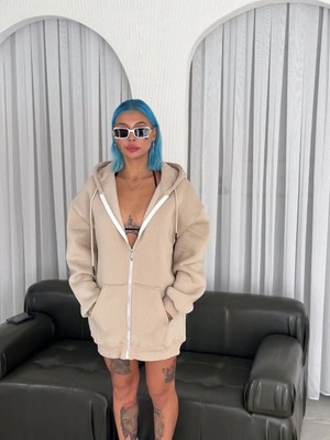 Mbb E-Ticaret Kadın 3 Iplik Pamuklu Kapüşonlu Kanguru Cepli Baskılı Oversize Hoodie Sweatshirt - Bej