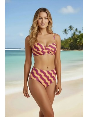 Kadın Renkli Modern Kesim Straplez Yüksek Bel Bikini Takımı