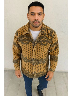 Mbb E-Ticaret Erkek Düğmeli Gömlek Polar Sweatshirt Yumuşak Dokulu Oversize Kalıp -Sarı