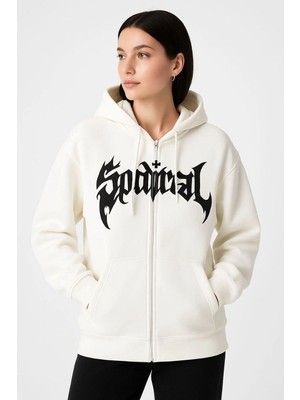 Mbb E-Ticaret Kadın Kapüşonlu 3 Iplik Pamuklu Önü Baskılı Fermuarlı Oversize Hoodie Sweatshirt - Beyaz