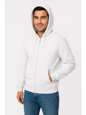 Mbb E-Ticaret Erkek 3 Iplik Pamuklu Kapüşonlu Tam Fermuarlı Cepli Hoodie Sweatshirt - Beyaz