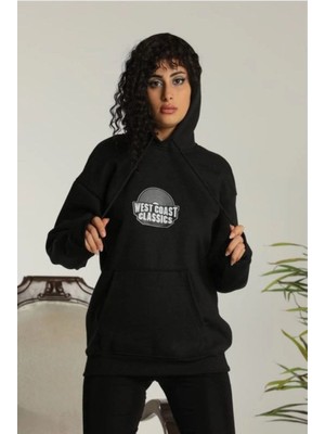 Mbb E-Ticaret Kadın Oversize Kapüşonlu Cepli Baskılı 3 Iplik Pamuklu Hoodie Sweatshirt - Siyah