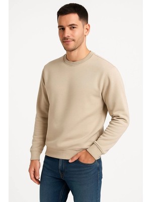 Mbb E-Ticaret Erkek 3 Iplik Pamuklu Düz Bisiklet Yaka Sweatshirt - Bej