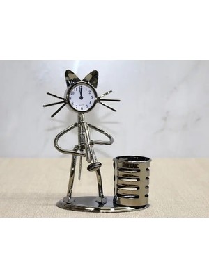 Mbb E-Ticaret Metal Saksafon Çalan Kedi Müzisyen Saat ve Kalemlik ALK4346