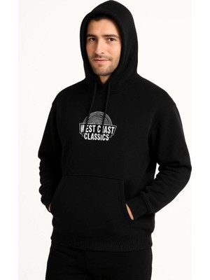 Mbb E-Ticaret Erkek Kapüşonlu Kanguru Cepli Sweatshirt 3 Iplik Pamuklu Baskılı Hoodie -  Siyah