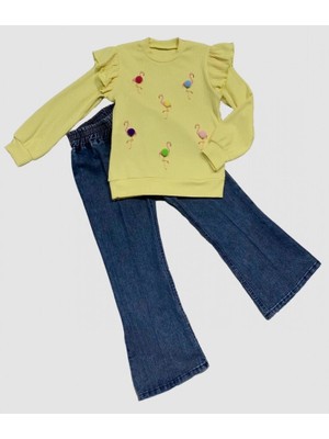 Mbb E-Ticaret 4-5-6 Yaş Kot Pantolonlu Flamingo Desenli Penye Sweat Uzun Kollu 2li Kız Çuk Takımı Sarı