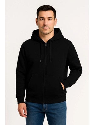 Mbb E-Ticaret Erkek 3 Iplik Pamuklu Kapüşonlu Tam Fermuarlı Cepli Hoodie Sweatshirt - Siyah